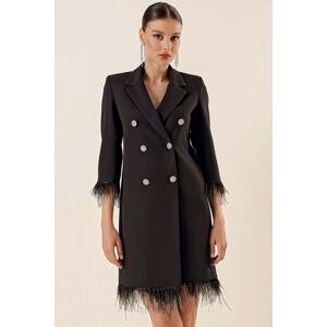 By Saygı Double Buttoned Double Breasted Collar Sleeves And Skirt Feather Stone Jacket Black