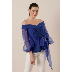By Saygı Madonna Collar Sleeves Organza Belted Glittery Lycra Blouse Parlament