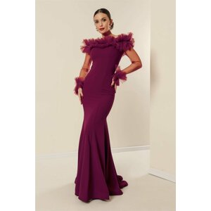 By Saygı Tulle Beaded Detailed Lined Long Crepe Dress Claret Red.