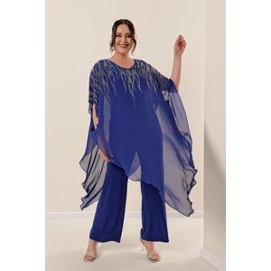 By Saygı Bead-Embroidered Plus Size Lycra Jumpsuit with Cape and Saks