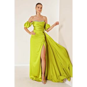 By Saygı Stone Detailed Draped Long Satin Dress with Watermelon Sleeves and a Slit in the Front Pistachio Green.