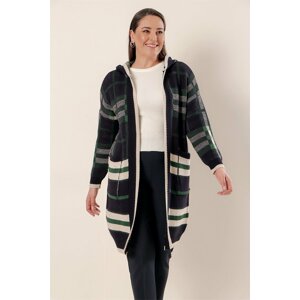 By Saygı Navy Blue Hoodie with Pockets Checkered Plus Size Acrylic Long Cardigan.