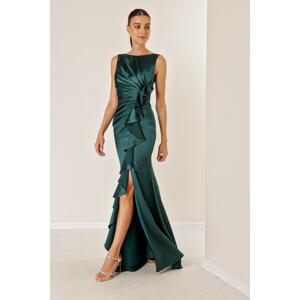 By Saygı Emerald Front Draped Flounce Lined Long Satin Dress