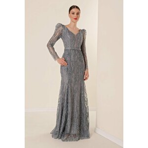 By Saygı V-Neck Long Sleeves Lined Wide body, Silvery Flocked Print Long Dress Gray