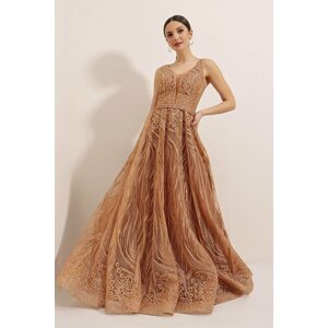 By Saygı Glittery Ghost and Tulle Princess Evening Dress Copper