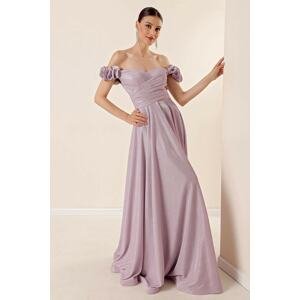 By Saygı Lilac Lettuce Shoulders, Lined Draping and Glittery Long Dress