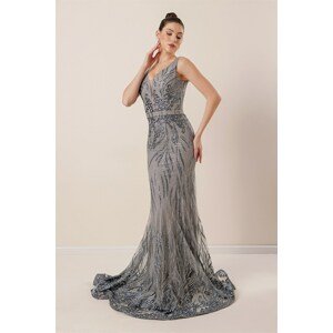 By Saygı Thick Straps Ghost Tulle Lined Glittery Long Dress Gray