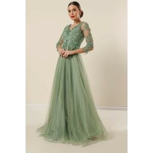 By Saygı Front Back V-Neck Glitter Pattern Lined Long Tulle Dress Mint