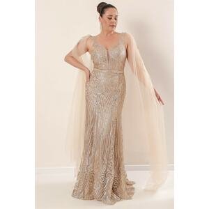 By Saygı Shoulder Tulle Shawl Lined Plus Size Silvery Long Dress Gold