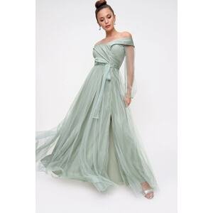 By Saygı Lace-Up Balloon Sleeve Tulle Long Evening Dress Mint