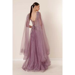By Saygı Tie Back Lined Long Tulle Dress with Sequins and Beads. Lilac