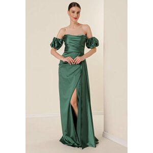 By Saygı Stone Detailed Draped Long Satin Dress with Watermelon Sleeves and a Slit in the Front Emerald