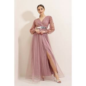 By Saygı Double-breasted Collar Long Sleeves Lined Long Evening Dress Lilac with a Belt.