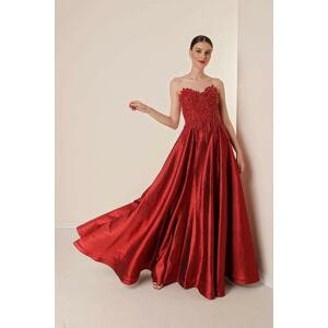 By Saygı Lined Glitter Taffeta Long Dress With Beading Embroidery Red