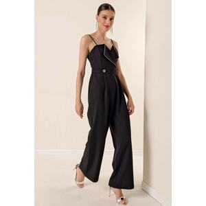 By Saygı Rope Strap Stone Detailed Front Pleat Palazzo Crepe Jumpsuit Black