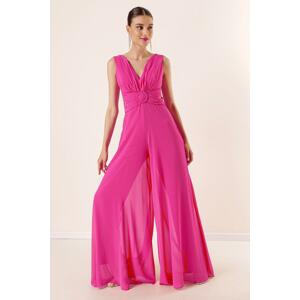 By Saygı Low-Collection Front Back V-Neck Lined Chiffon Jumpsuit.