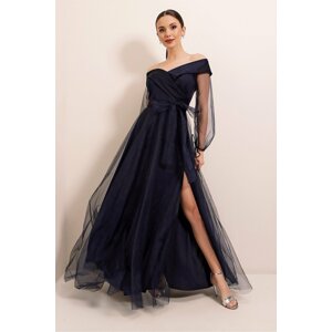By Saygı Lace-Up Balloon Sleeve Tulle Long Evening Dress Navy Blue