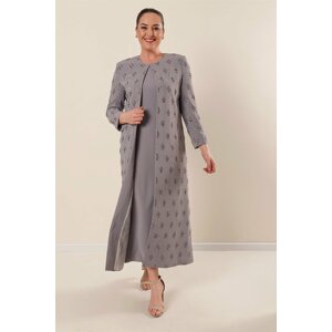 By Saygı Dress with a Long Jacket and Lined Gems Embroidered Plus Size 2-Piece Suit Gray