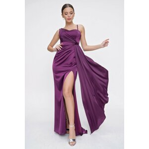 By Saygı Purple Front Flounce Detailed Lined Satin Evening Dress