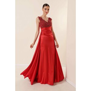 By Saygı Beaded Guipure See-through Long Satin Dress Red