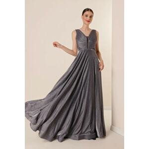 By Saygı Thick Straps and Lined Mini Checkered Long Evening Dress with Wide Body Range, Glitter