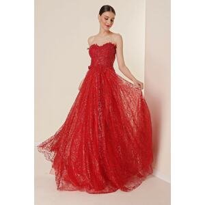 By Saygı Beads Sequin Detail Lined Glitter Flocked Printed Princess Dress Red