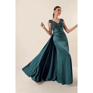 By Saygı Long Satin Dress With Beaded Guipure and Sheer Draping Oil