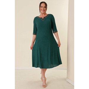 By Saygı Stone Detailed Lined Plus Size Silvery Dress Emerald