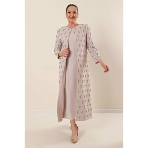 By Saygı Long Jacket Dress Lined Stone Embroidered Plus Size 2-Piece Suit Beige