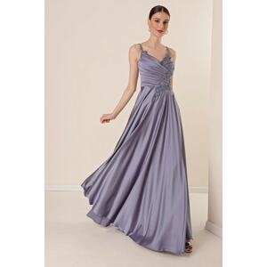 By Saygı Lined and Draped Long Satin Dress with Beading Guipure Details with Rope Straps