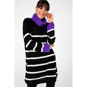 By Saygı Turtleneck Striped Lycra Sweater Dress Black-purple