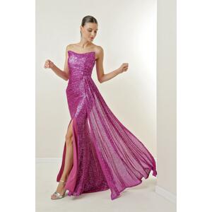 By Saygı Front Draped Lined Strapless Sequined Long Dress
