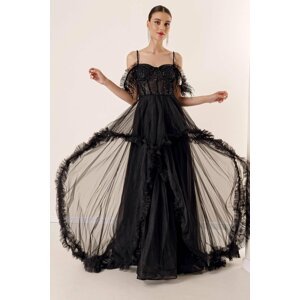 By Saygı Black Evening Dress with Decollete Beaded