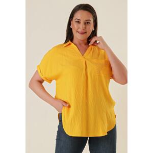 By Saygı Embroidered One Pocket Viscose Plus Size Blouse with Short Bat Sleeves and Slits at the Sides.