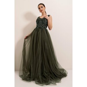 By Saygı Embroidered Beading Lined Long Tulle Dress Khaki