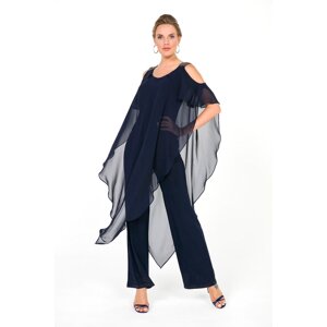 By Saygı Stony Shoulders Chiffon Lycra Jumpsuit, Navy Blue