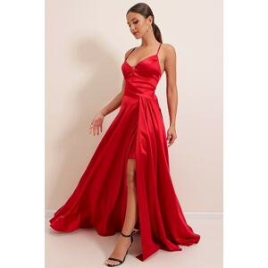 By Saygı Imaginary Tulle Long Satin Dress Red with Pockets and Back Drawstring Lined.