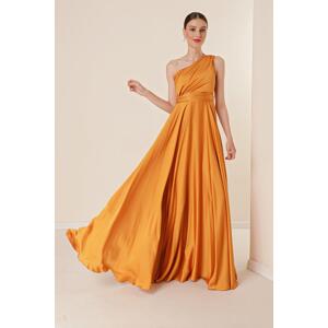 By Saygı One-Shoulder Draped Lined Wide-Shoulder Crepe Satin Long Dress