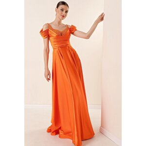 By Saygı Long Satin Evening Dress with Rope Straps, Low Sleeves, Stone Detailed and Lined Front Draped Orange.