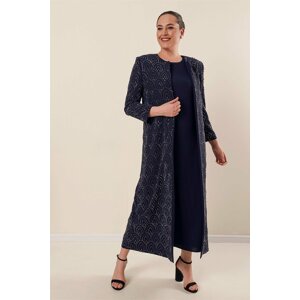 By Saygı Dress with a long jacket, Lined and Stone Embroidered Plus Size 2-Piece Suit Navy Blue