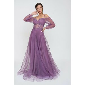 By Saygı Madonna Collar Lace Detailed Evening Dress With Polka Dot And Tulle Lined Purple