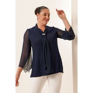 By Saygı Glittery Plus Size Blouse with Scarf Collar