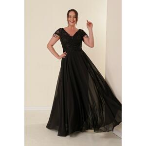 By Saygı V-Neck Front Back Plus Size Chiffon Long Dress with Beading Guipure Detail