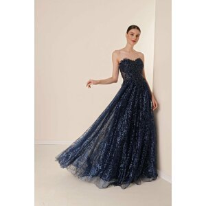 By Saygı Navy Blue Beading Sequin Detail Lined Glitter Flock Printed Princess Dress