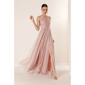 By Saygı One-Shoulder Draped Lined Long Silvery Tulle Dress Salmon