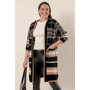 By Saygı Hooded and Checkered Plus Size Acrylic Long Cardigan with Pockets Black