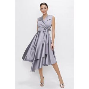 By Saygı Double Breasted Neck Lace-Up Satin Dress Wide Size Range, Gray
