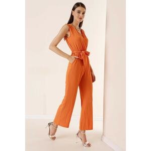 By Saygı Double-breasted Collar With Belted Waist, Sleeveless See-through Jumpsuit Orange.