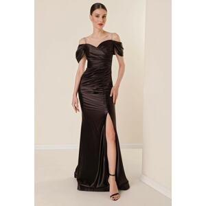 By Saygı Sweetheart Neck Low Sleeve Lined Gathered Long Satin Dress with Front Slit Black