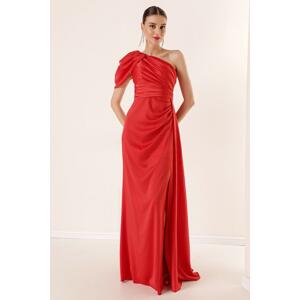 By Saygı Long Sleeve Satin Dress With Draping and Lined